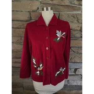Mandal Bay Red Embroidered Chickadee Bird Button Front Sweatshirt Jacket Medium